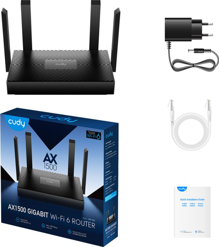 Маршрутизатор Cudy WR1500, AX1500 Gigabit Wi-Fi 6, 2.4GHz, 4x10/100/1000Mbps, WPA3, 4x5dBi fixed ant (WR1500)