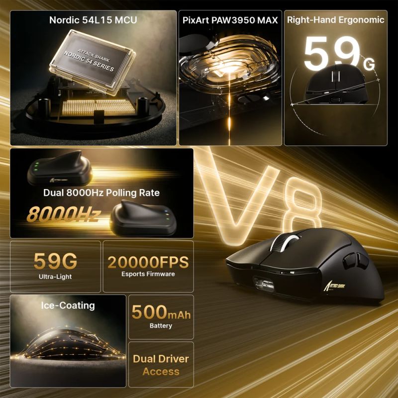 Мишка Attack Shark V8 Ultra-Light, Wireless/Bluetooth, 42000dpi. (PAW3950MAX), 6кн., Black (V8B_AS)