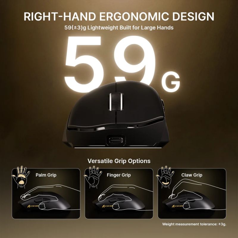 Мишка Attack Shark V8 Ultra-Light, Wireless/Bluetooth, 42000dpi. (PAW3950MAX), 6кн., Black (V8B_AS)