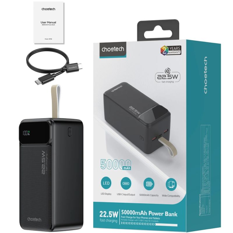 УМБ Choetech 50000mAh, 22,5W PD QC3.0, USB-C In/out, 2xUSB-A Li-pol чорна (B732-ACBK)