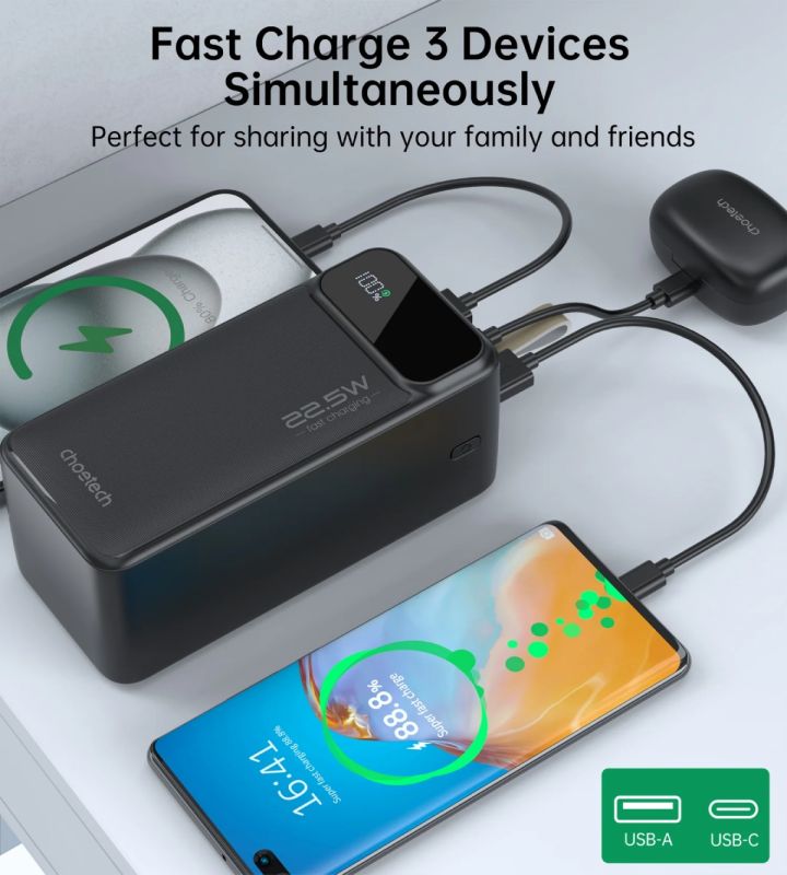 УМБ Choetech 50000mAh, 22,5W PD QC3.0, USB-C In/out, 2xUSB-A Li-pol чорна (B732-ACBK)