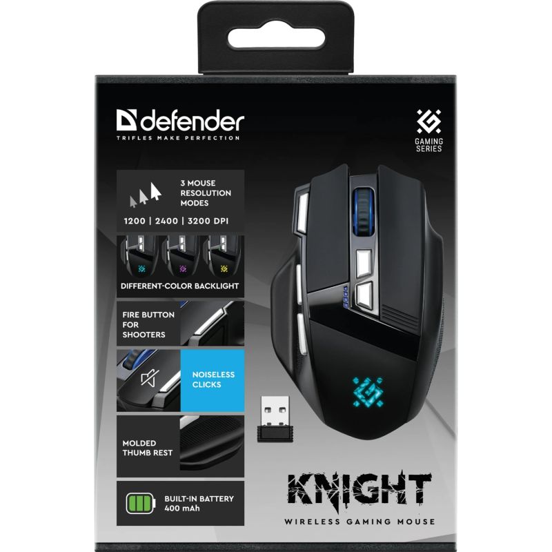 Мишка Defender Knight GM-885, бездротова, ігрова, 8кн., 3200 dpi., 400 mAh, чорна (52885)