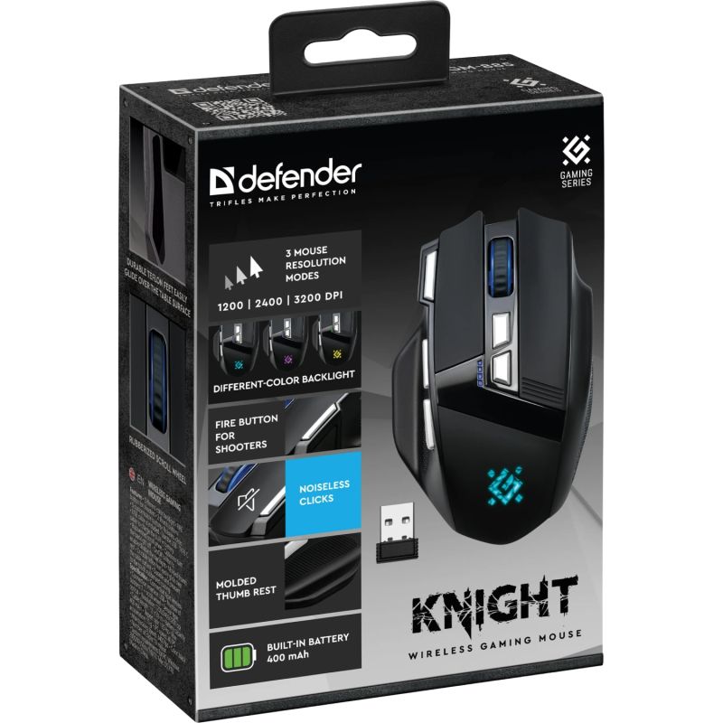 Мишка Defender Knight GM-885, бездротова, ігрова, 8кн., 3200 dpi., 400 mAh, чорна (52885)