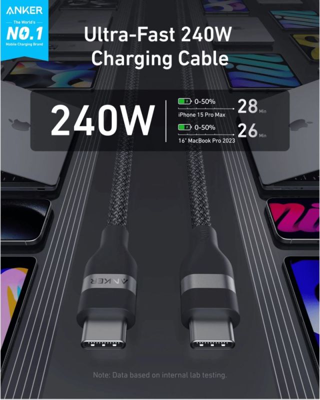 Кабель Anker Upcycled-Braided USB-C - USB-C (M/M), 240W, 1.8 м, Black (A82E2H12)