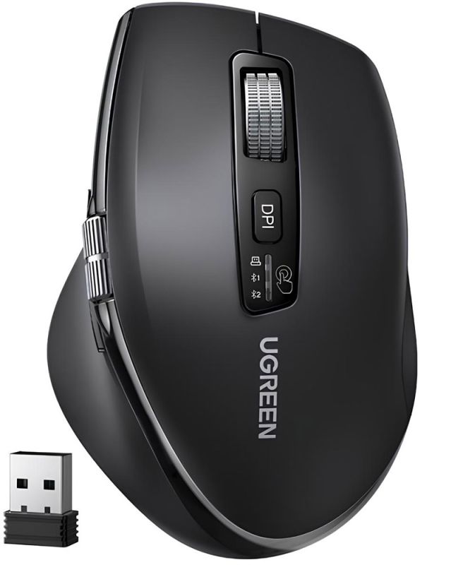 Мишка UGREEN 2.4GHz&BT M751 Ergonomic Contoured-Shape, бездротова, 5000dpi., 5кн., Чорна (45792)
