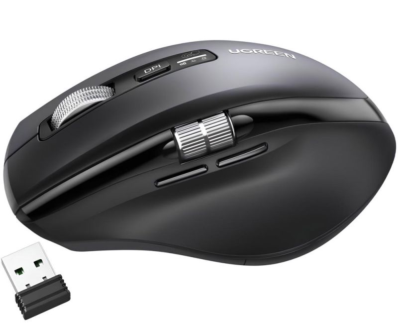 Мишка UGREEN 2.4GHz&BT M751 Ergonomic Contoured-Shape, бездротова, 5000dpi., 5кн., Чорна (45792)