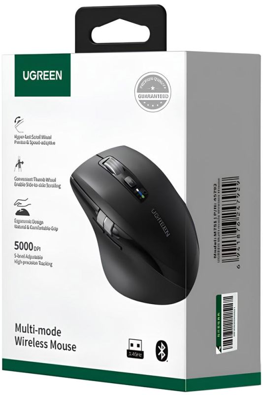 Мишка UGREEN 2.4GHz&BT M751 Ergonomic Contoured-Shape, бездротова, 5000dpi., 5кн., Чорна (45792)