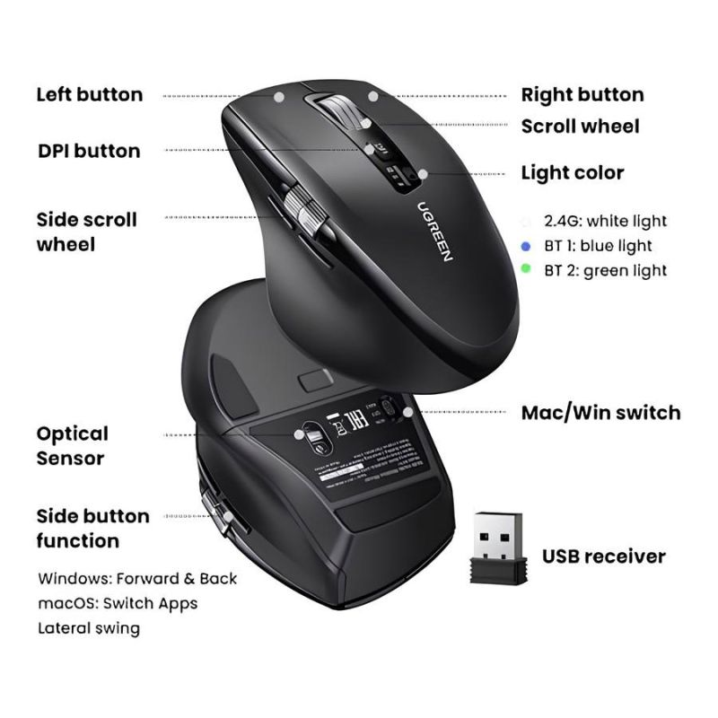 Мишка UGREEN 2.4GHz&BT M751 Ergonomic Contoured-Shape, бездротова, 5000dpi., 5кн., Чорна (45792)