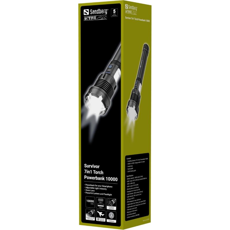 Ліхтарик-повербанк Sandberg Survivor 7 in 1 Torch Powerbank 10000 mAh XHP70 LED USB-C 5W (421-09)