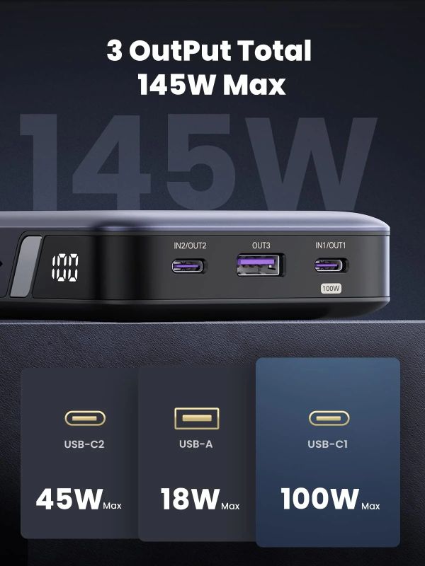 УМБ Ugreen 25000mAh 145W 2xUSB C+USB A, PD3.0+QC3.0, наскрізне живлення 65Вт (PB205) (90597A)