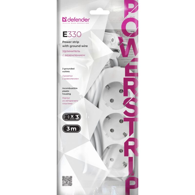 Power filtr 3.0м Defender E330, білий, 3 розетки, з заземленням (992220)