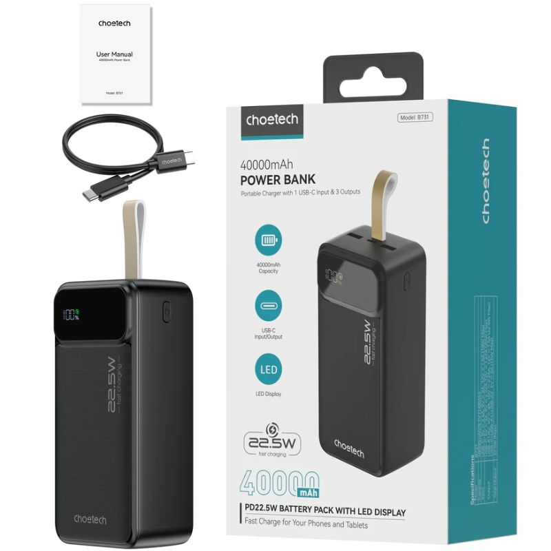 УМБ Choetech 40000mAh, 22,5W PD QC3.0, USB-C In/out, 2xUSB-A Li-pol чорна (B731-ACBK)