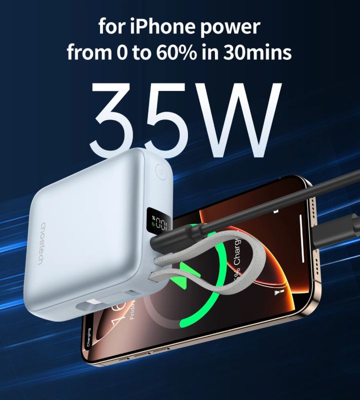 УМБ Choetech 10000mAh 35W PD3.0 USB-C In/Out, with buid-in type-C cabel  голуба (B832-LBE)