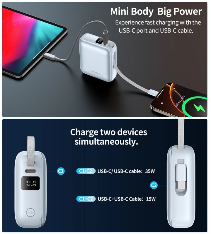 УМБ Choetech 10000mAh 35W PD3.0 USB-C In/Out, with buid-in type-C cabel  голуба (B832-LBE)