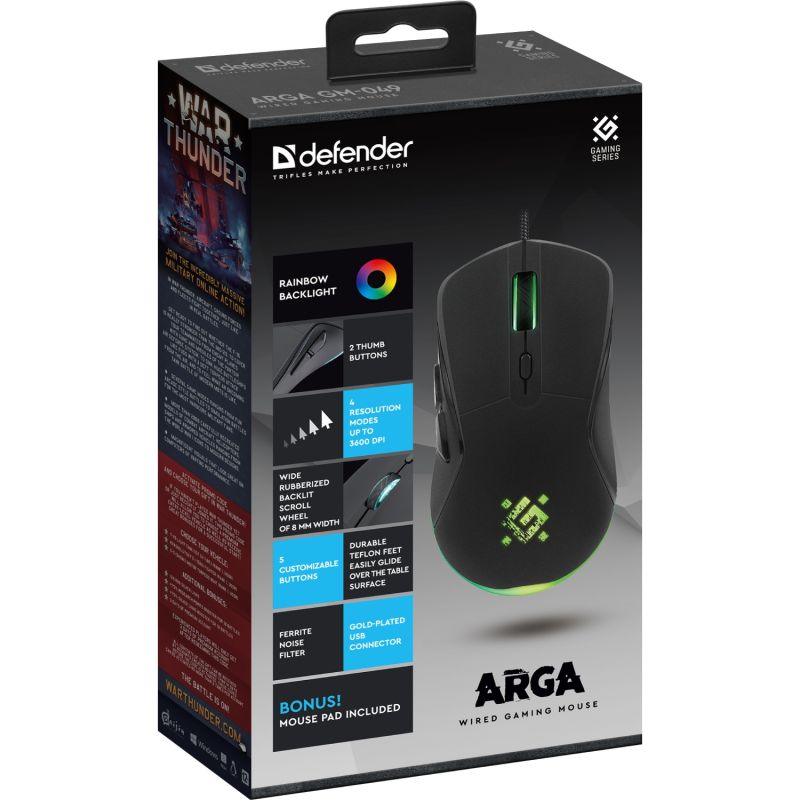 Мишка Defender Arga GM-049, 6кн. 3600 dpi, +коврик, rainbow, чорна (52049)