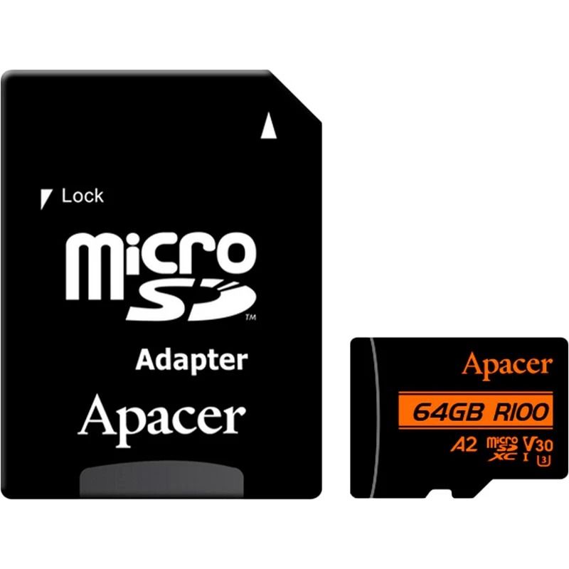 Карта памяти MicroSDXC  64GB UHS-I/U3 Class 10 Apacer + SD адаптер (AP64GMCSX10U8-R)