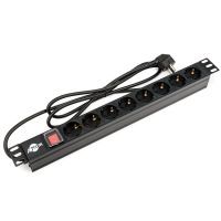 Блок розеток Atcom 1U 19" (PDU-8W-C2С-WS) 8 розеток, з вимикачем, ал. корпус, німецький тип, 2,0 м, чорний (AT1821)