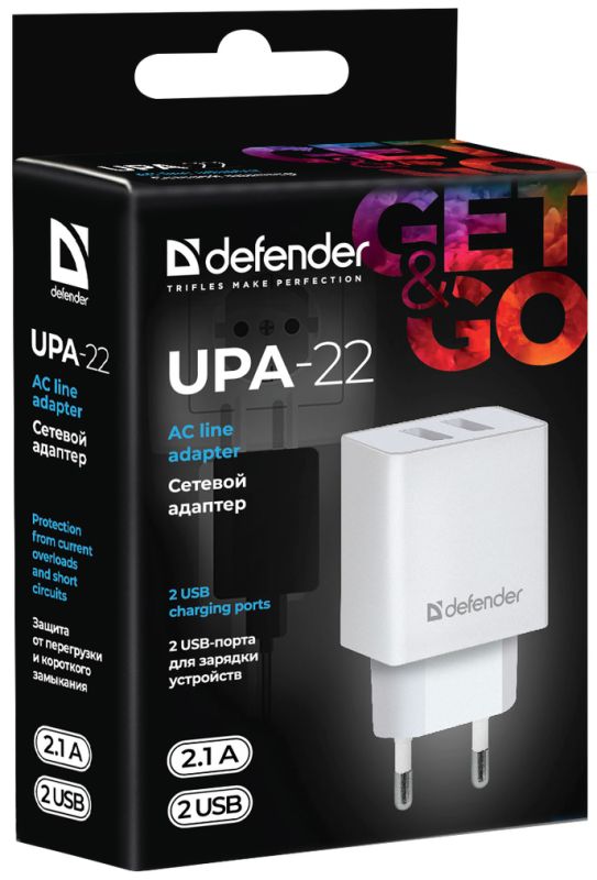 Зарядний пристрій 2xUSB 16W 2.1A UPA-22 білий Defender (83580)