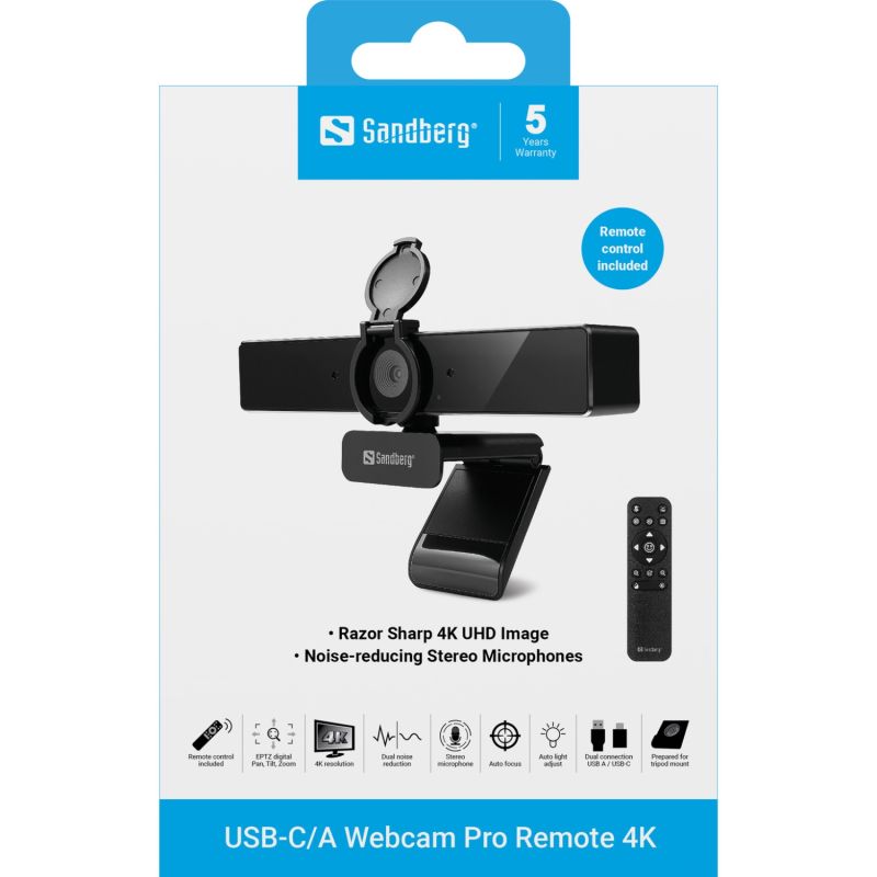 Веб-камера Sandberg 4K Webcam USB-A/USB-C connection, ENC, Remote control (134-45)