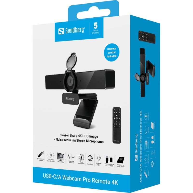 Веб-камера Sandberg 4K Webcam USB-A/USB-C connection, ENC, Remote control (134-45)