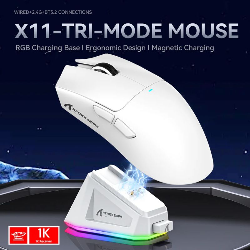 Мишка Attack Shark X11, Wireless/Bluetooth, 22000dpi. (PAW3311), 6кн., White (X11W_AS)
