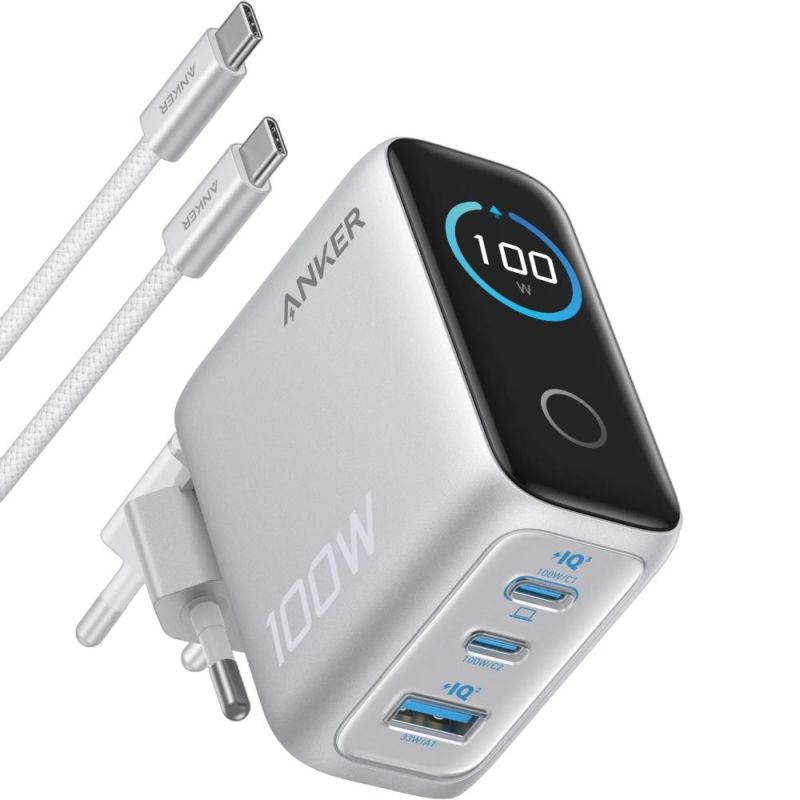 Мережевий зарядний пристрій Anker GaN Charger 100W, 2xUSB-C, 1xUSB-A, Display Silver + кабель USB Type-C (B121BG41)
