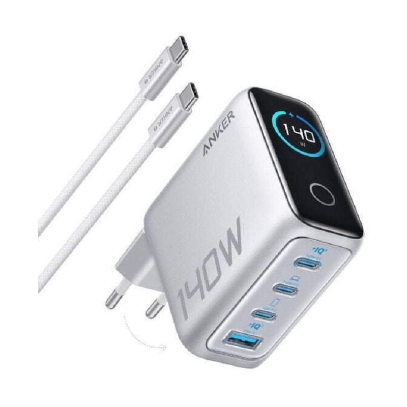 Мережевий зарядний пристрій Anker Laptop GaN Charger Silver, 140W 3xUSB-C 1xUSB-A Display + кабель USB Type-C (B2697G41)