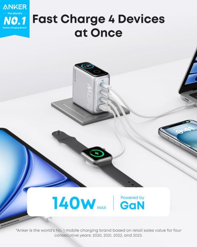 Мережевий зарядний пристрій Anker Laptop GaN Charger Silver, 140W 3xUSB-C 1xUSB-A Display + кабель USB Type-C (B2697G41)