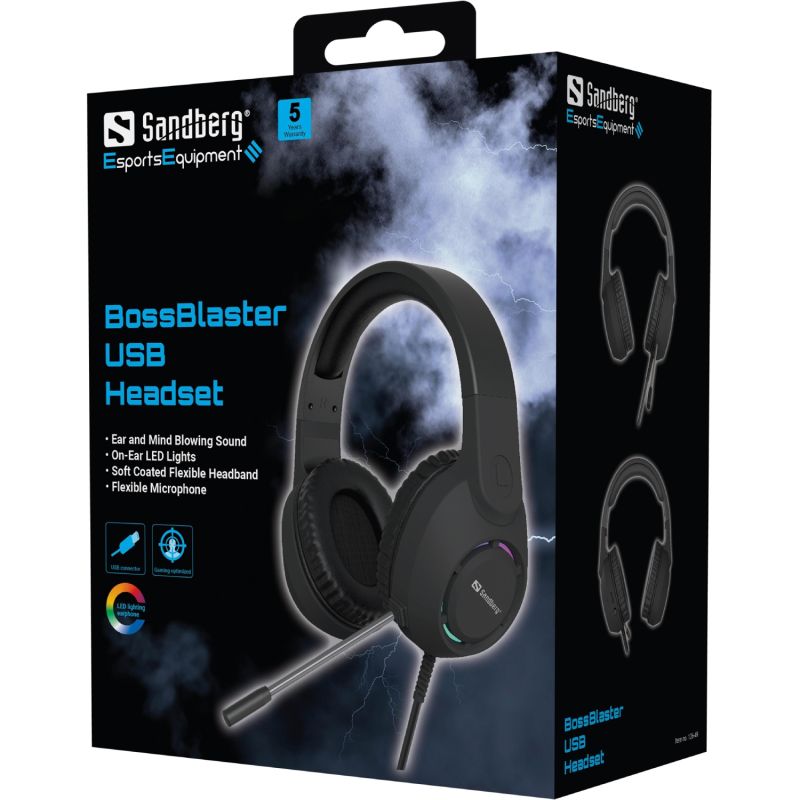Ігрова гарнітура Sandberg BossBlaster, USB, кабель 2м, RGB, чорна (126-49)