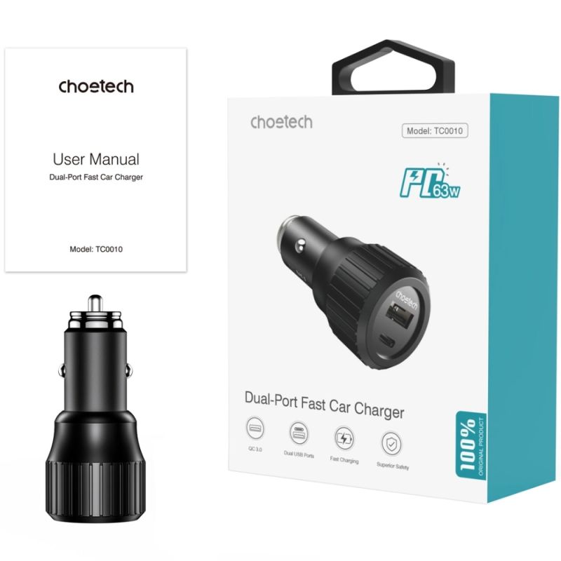 Автозарядка 2xUSB 63W (USB-C+USB-A) PD45W+QC3.018W чорна Choetech (TC0010-BK)
