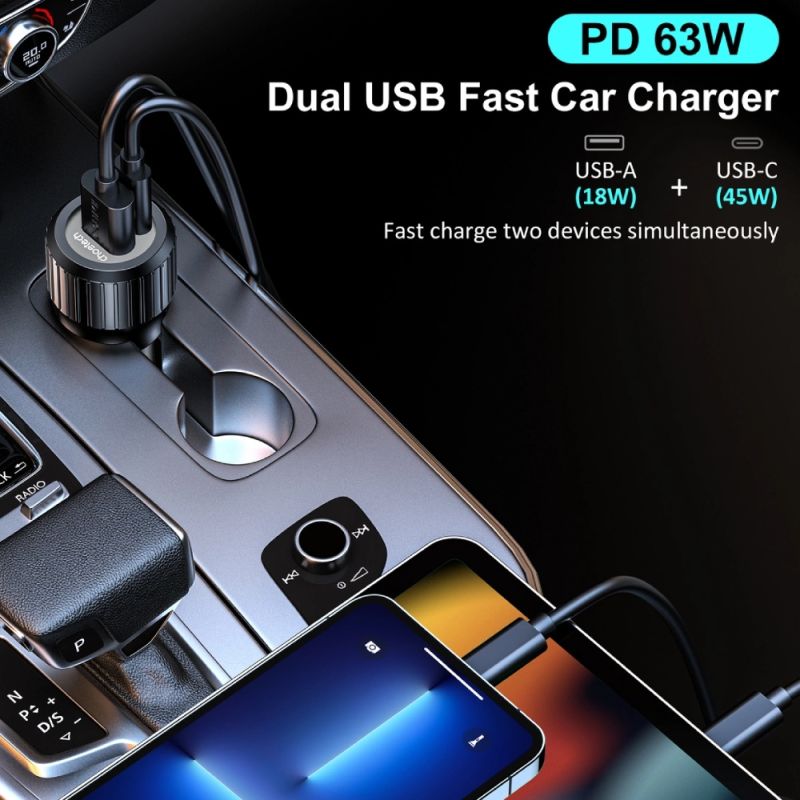 Автозарядка 2xUSB 63W (USB-C+USB-A) PD45W+QC3.018W чорна Choetech (TC0010-BK)