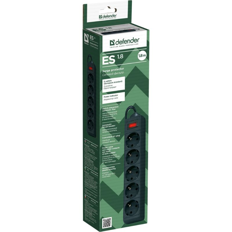 Power filtr 1.8м Defender ES1.8, чорний, 5 розеток, з вимикачем (994840)