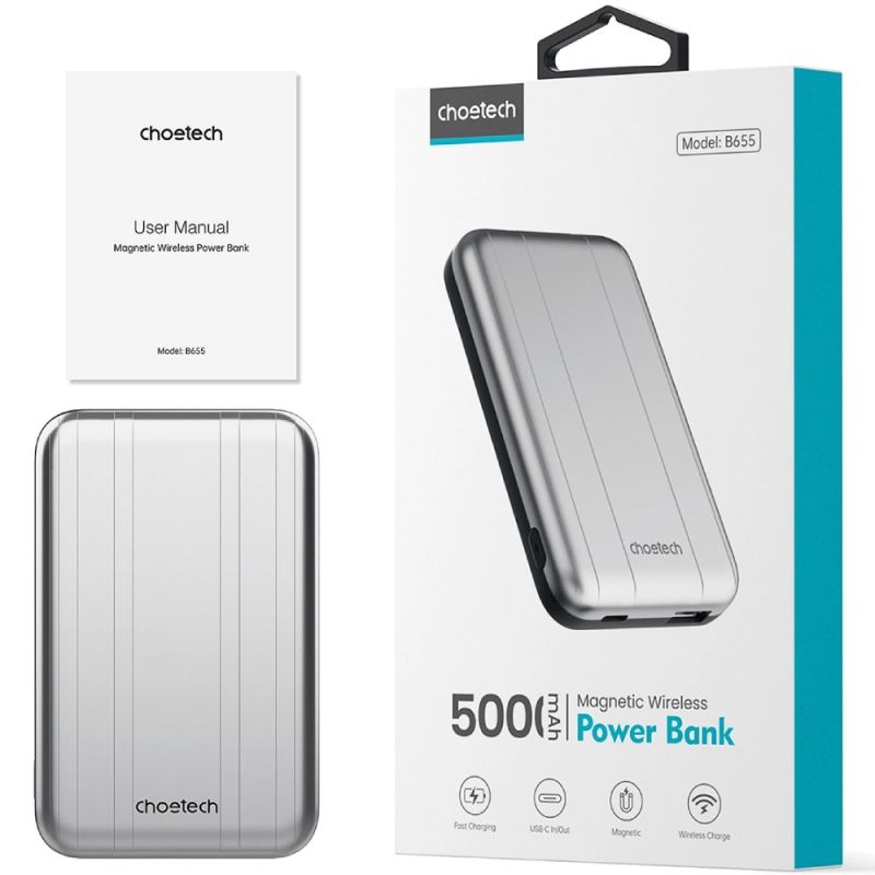 УМБ Choetech Magnetic Wireless 5000mAh USB-A,USB-C In/Out B655 mini silver (6932112104779)