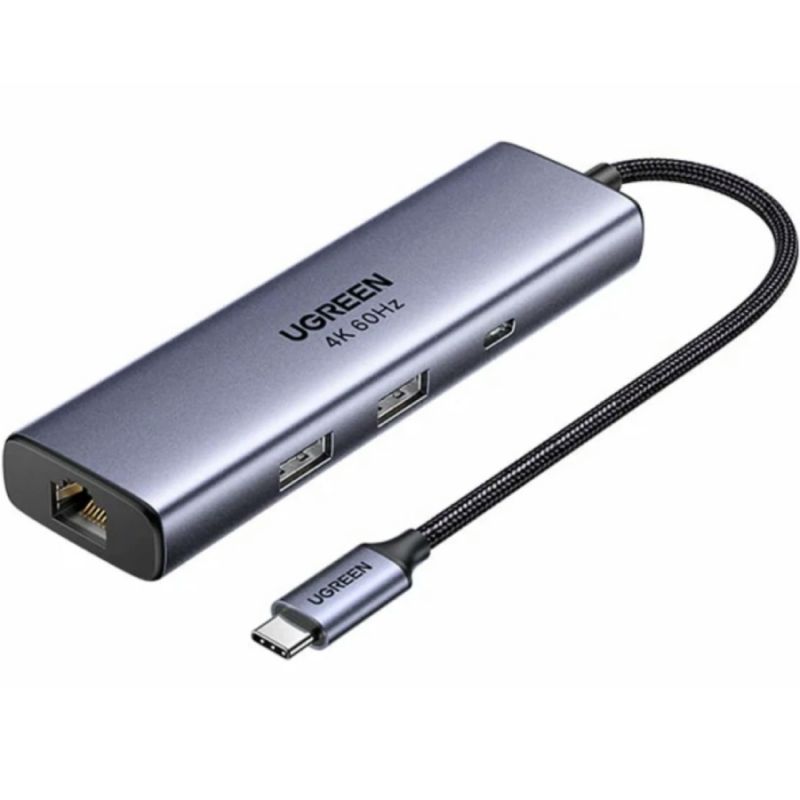 Док-станція USB3.0 Type-C --> USB-Ax2, 3.0/ 1xUSB-C 3.0/ DP4K60Hz/RJ45/ PD 100W CM512 сіра UGREEN (75643)