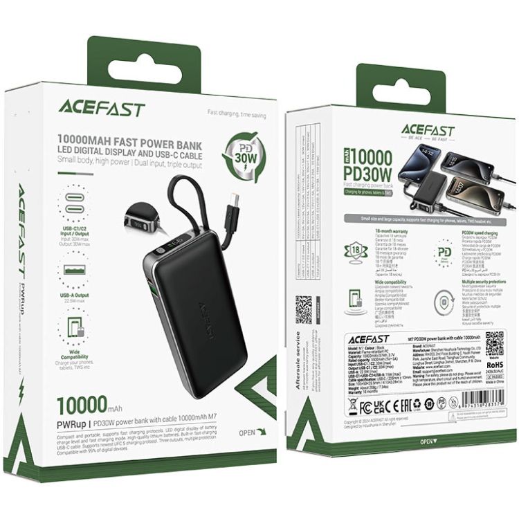 УМБ Acefast 10000mAh 30W PD USB-A,USB-C In/Out, with built-in USB-C cable M7 Black (6974316283379)