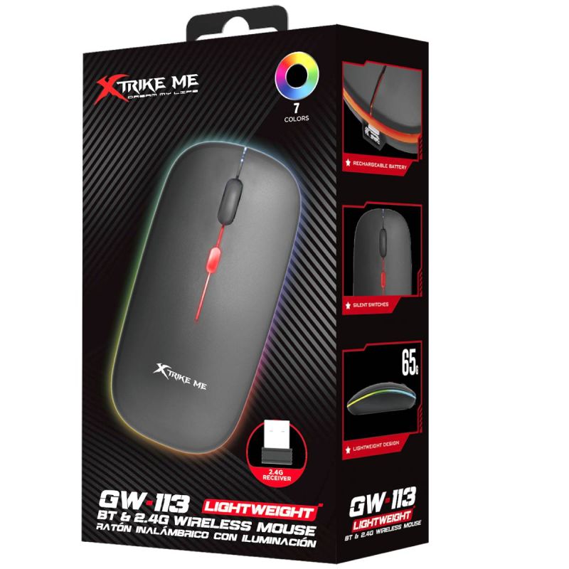 Мишка XTRIKE ME GW-113, бездротова Bluetooth+2,4G, 3200dpi., 4кн., 7 режимів RGB, чорна (GW-113)