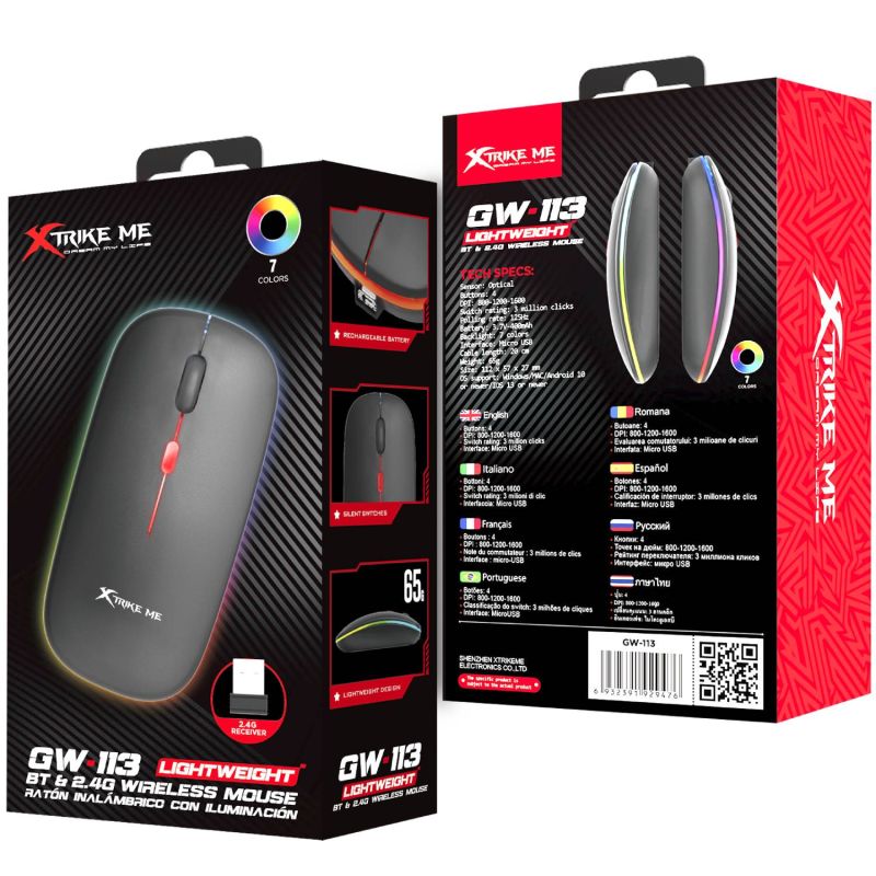 Мишка XTRIKE ME GW-113, бездротова Bluetooth+2,4G, 3200dpi., 4кн., 7 режимів RGB, чорна (GW-113)