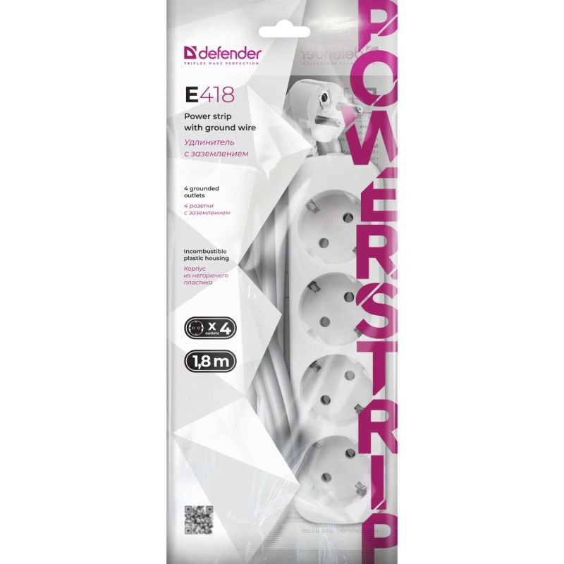 Power filtr 1.8м Defender E418, 4 розетки,  з заземленням (992250)