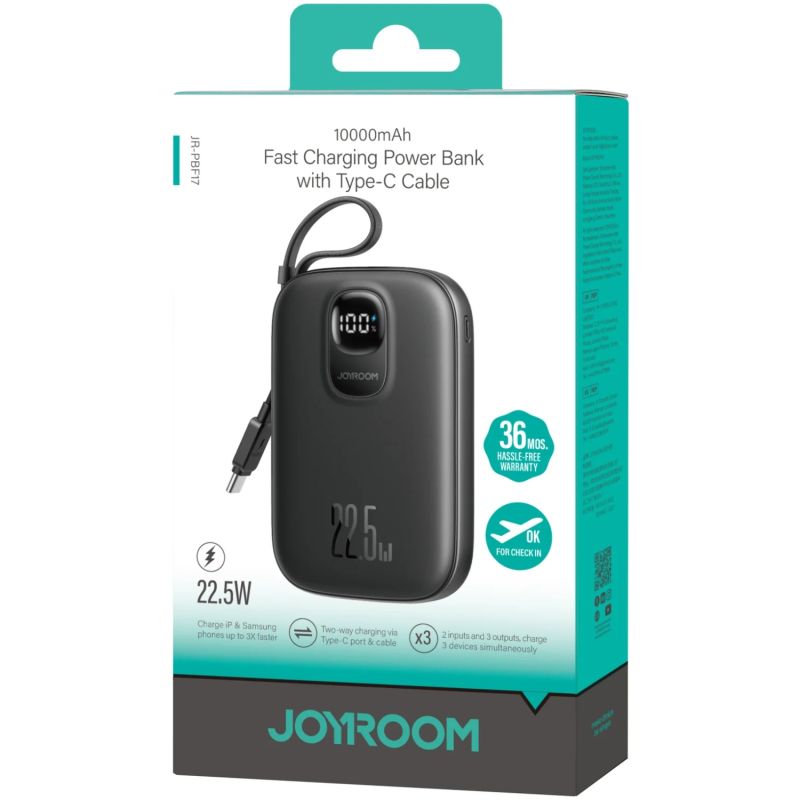 УМБ Joyroom 10000mAh 22,5W PD,QC, USB-A, USB-C In/Out with built-in USB-C cable Black (JR-PBF17)