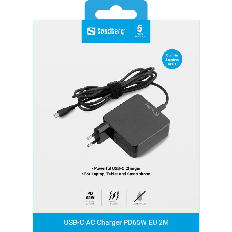 Зарядний пристрій 1xUSB 65W (USB-C) Gan, built in cable 2m, чорний Sandberg (135-79)
