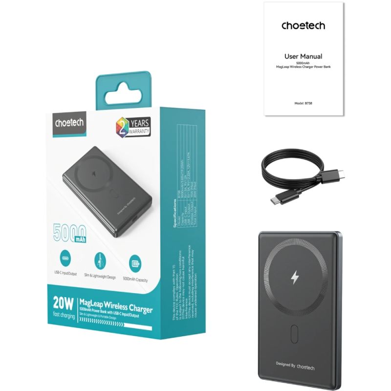 УМБ Choetech Magnetic Wireless 5000mAh 20W PD Qi-15W  USB-C In/Out, тонкий, чорний (B738-CCBK)