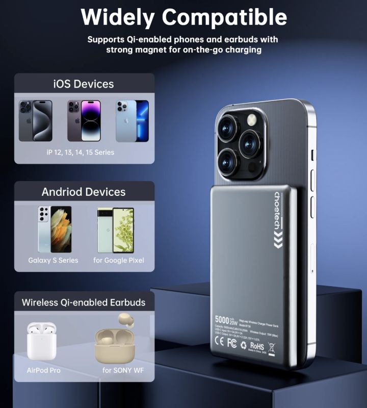 УМБ Choetech Magnetic Wireless 5000mAh 20W PD Qi-15W  USB-C In/Out, тонкий, чорний (B738-CCBK)
