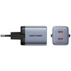 Зарядний пристрій 2xUSB 45W (2xUSB-C) PD3.0 QC, GaN + USB-C cable М-М чорний Vention (TZ-FCDH0-EU)