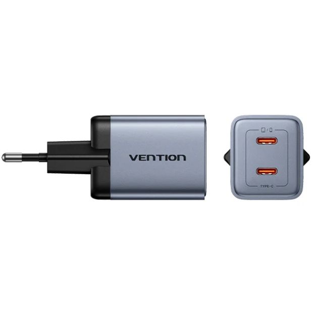 Зарядний пристрій 2xUSB 45W (2xUSB-C) PD3.0 QC, GaN + USB-C cable М-М чорний Vention (TZ-FCDH0-EU)