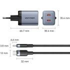 Зарядний пристрій 2xUSB 45W (2xUSB-C) PD3.0 QC, GaN + USB-C cable М-М чорний Vention (TZ-FCDH0-EU)