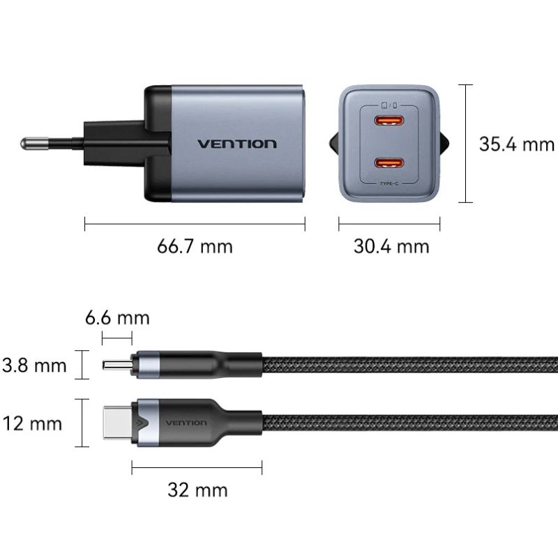 Зарядний пристрій 2xUSB 45W (2xUSB-C) PD3.0 QC, GaN + USB-C cable М-М чорний Vention (TZ-FCDH0-EU)
