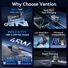 Зарядний пристрій 2xUSB 45W (2xUSB-C) PD3.0 QC, GaN + USB-C cable М-М чорний Vention (TZ-FCDH0-EU)