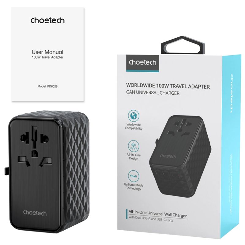Зарядний пристрій 4xUSB 100W PD (2хUSB-C+2хUSB-A) TRAVEL Universal сharger diamond чорний Choe (PD6028-BK)