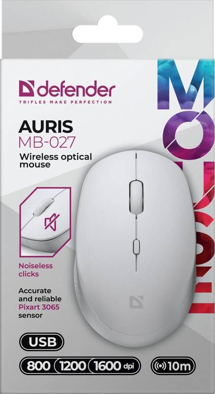 Мишка Defender Auris MB-027, бездротова, 3 кн. до 1600 dpi, безшумна, біла (52028)