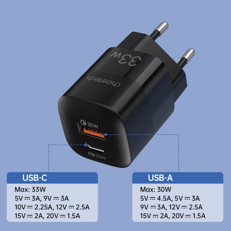 Зарядний пристрій 2xUSB 33W (USB-C+USB-A ) PD QC3.0 PD5006 чорний Choetech (PD5006-EU-BK)